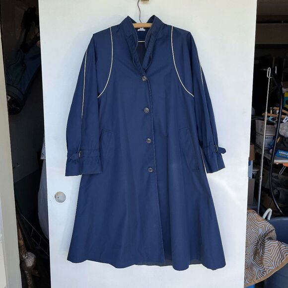 VTG Raindrops by Fleet Street Navy Trench Coat Cream Piping 70s 80s Retro - Picture 7 of 13
